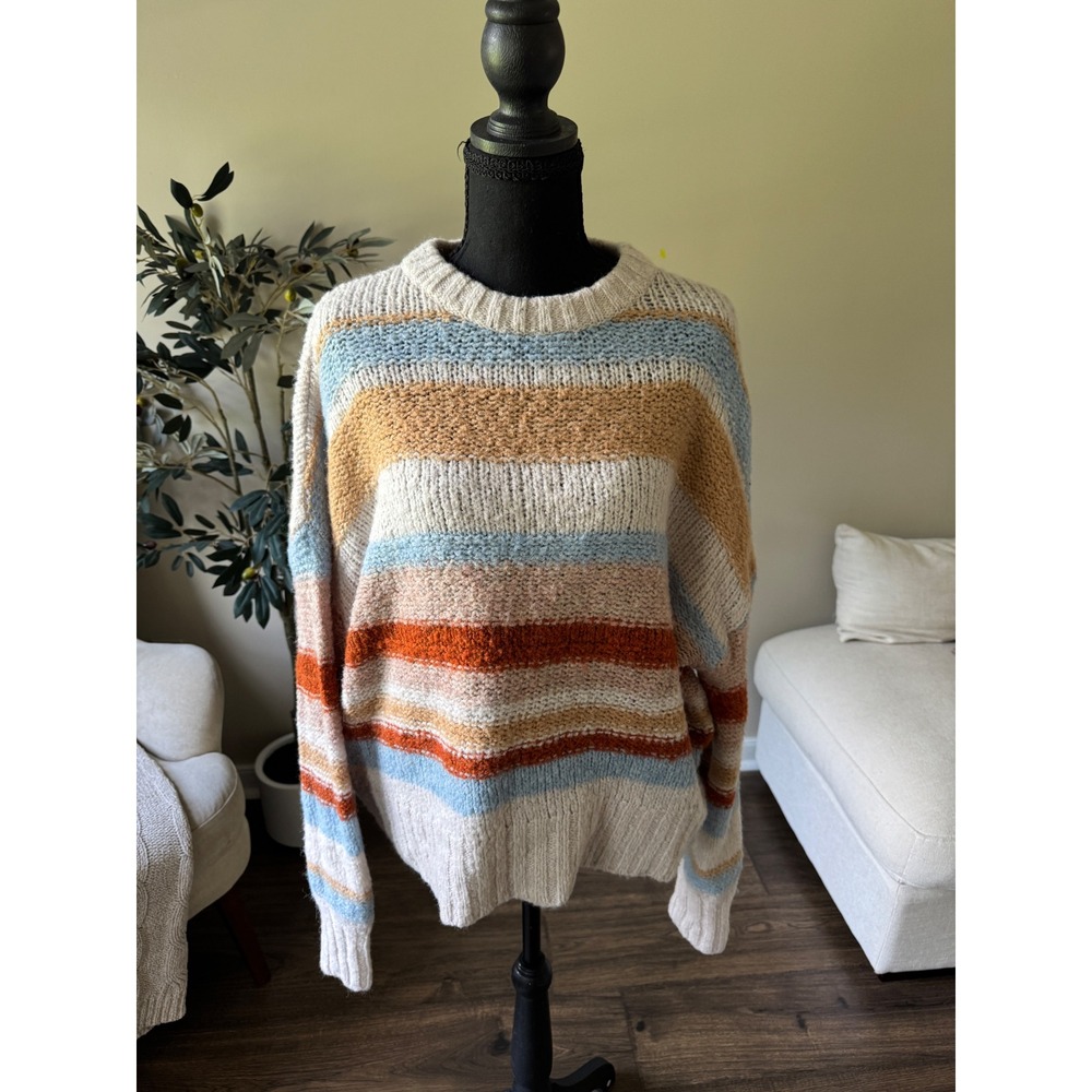 American Eagle Striped Crewneck Sweater XL Chunky Knit Boho Pullover Multicolor